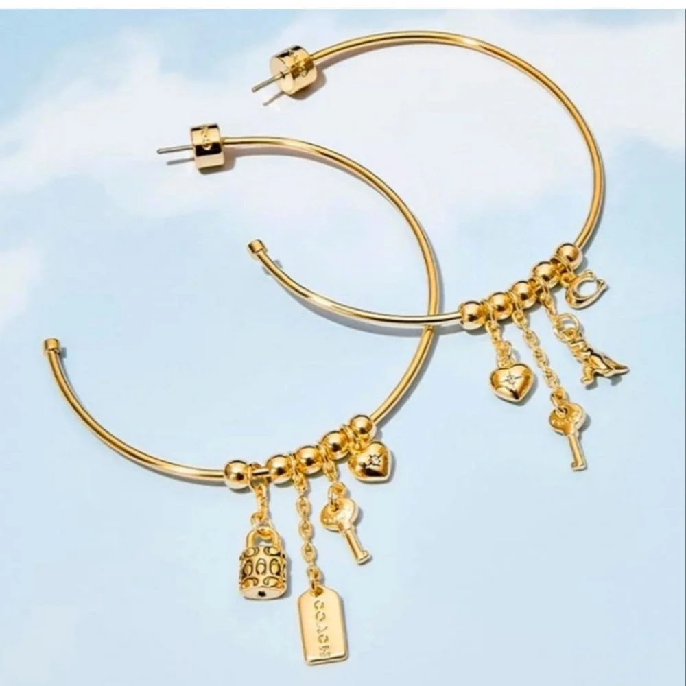 COACH DANGLE MULTI CHARM LARGE HOOP EARRINGS - Picture 6 of 8